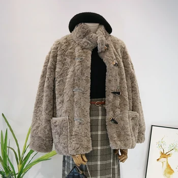 2021 Kadın Faux Tavşan Kürk Ceket Sonbahar Kış Rahat Kalın Sıcak Standı Yaka h Ceket Kadın Gevşek Uzun Kollu Palto L915