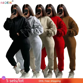 5 Toptan Kadın Eşofman Rahat Katı İki Parçalı Set Hoodies Pantolon Uzun Kollu Pilili Kıyafet Bayan eşofman Spor 8867