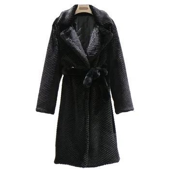 Faux kürk uzun ceket gevşek yaka palto kalın sıcak artı boyutu peluş mont