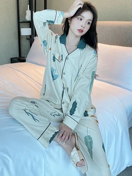 Kadın Pijama 2022 İlkbahar Sonbahar Bayan Pijama Uzun Kollu Pijama V Boyun Ev Loungewear Yumuşak Pamuklu Seksi Kıyafeti