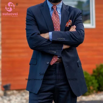 Klasik İş Şerit Takım Elbise Erkekler İçin Slim Fit 2 Parça Ceket pantolon seti Erkek Ofis Giyim Resmi Damat Düğün Çentik Yaka Smokin