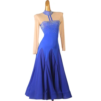 Mavi Balo Salonu Dans Yarışması Elbise Standart Elbiseler Kadın Modern Giyim Vals Dans Kostüm Uzun Kollu