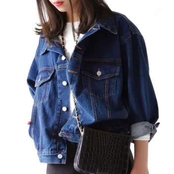 Mavi Jean Ceket Kadın Sonbahar Vintage Kore Gevşek Uzun Kollu Denim Ceket Kadınlar Casual Yaka Denim Ceket