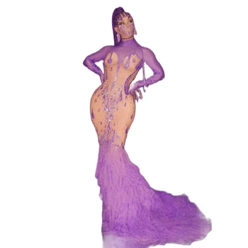 Mor Mermaid Elbise Taklidi uzun elbise Kadınlar Kristal Uzun Kollu Parti Kıyafeti Gece Kulübü DJ Şarkıcı Sahne Podyum Gösterisi Kostüm