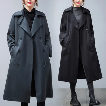 Pamuk Haki Uzun Kadın Trençkot Sonbahar Kış Turn Down Yaka Kadın Giysileri Uzun Kollu Üstleri Kemer Rüzgarlık Giyim