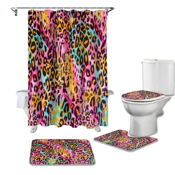 Renkli Leopar Baskı Duş perde seti Halı Kapak Tuvalet Kapağı Banyo Paspas Banyo Ev