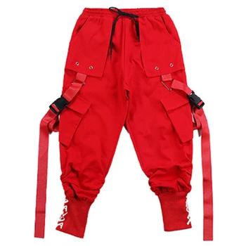 Siyah / Kırmızı Hip Hop Giyim Streetwear Harajuku Jogger Taktik Kargo Pantolon Kız Erkek dans kostümü Giysileri Çocuk