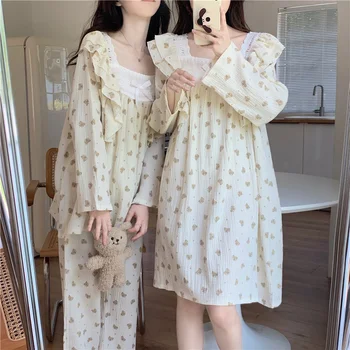 Sonbahar Sevimli Ayı Yumuşak Pamuklu Çift İplik Pijama kadın Rahat Kare Sollar Dantel Pijama Takım Elbise Uzun kollu Gecelik