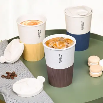 Taşınabilir Kahve Kupa çift katlı fincan Buğday Samanı Malzeme Plastik Seyahat Su kapaklı kupa Kadın Erkek İçme Bardağı Hediyeler
