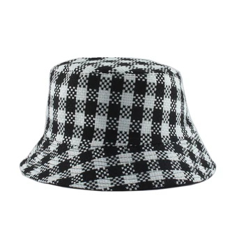 Yeni Ekose Nakış Beyaz Siyah Kova Şapka Geri Dönüşümlü Balıkçılık Kapaklar Sonbahar Şapka Kadın Erkek Nakış Balıkçı Şapka